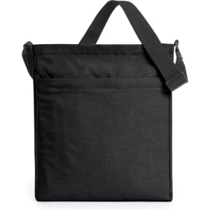 A black shoulder bag with a simple design, featuring adjustable straps and front pockets. It has a logo on it.