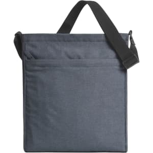 A grey shoulder bag with a long strap and front pocket. It features a simple design and a logo.
