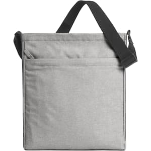 A grey shoulder bag with a long strap, featuring a zippered pocket on the front. It has a simple, minimalist design.