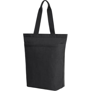 A reusable grocery bag in dark grey with two handles and a front pocket, featuring a logo.
