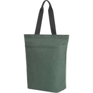 A green reusable grocery bag with long black handles and two front pockets. It features a logo on the side.
