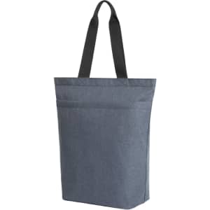 A reusable grocery bag in dark grey with black straps and two front pockets.
