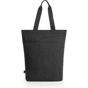 A reusable grocery bag in dark grey with two shoulder straps and a branded logo.