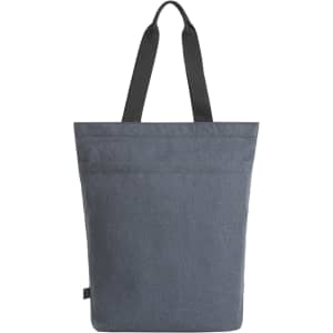 A grey reusable grocery bag with black handles, featuring two outer pockets and a branding logo.