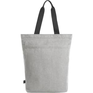 A grey tote bag with two black straps, featuring a simple and modern design. It has a front pocket and a logo.