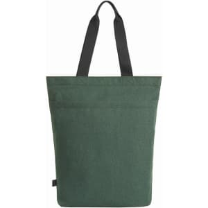 A green reusable grocery bag with black straps and a simple design, featuring a logo on the side.