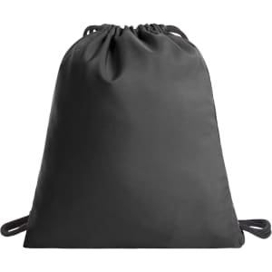 A black drawstring bag with a simple design and matching drawstrings, featuring a logo.
