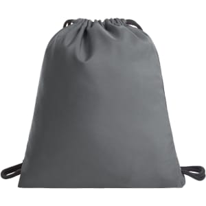 A grey drawstring bag with a rounded top and two drawstrings, featuring a logo.