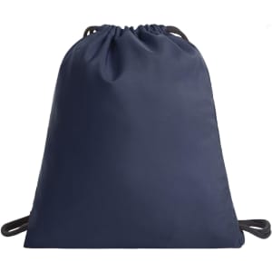 A navy drawstring bag with a smooth surface and contrasting black cords, featuring a logo.