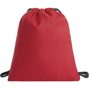 A red drawstring bag with black cords, featuring a logo on the front.