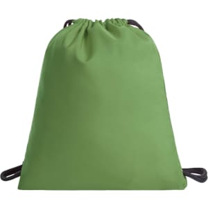 A green drawstring bag with darker straps and a simple design, featuring a logo on the surface.
