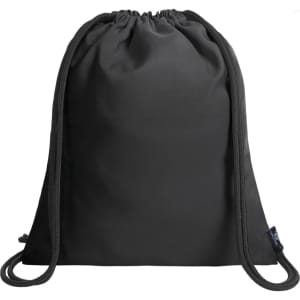 A black drawstring bag with matching cords and a branding logo on the side.