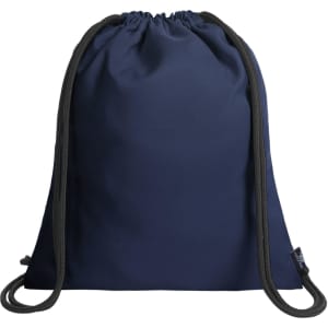 A navy drawstring bag with two matching cords, featuring a simple design and a branded logo.