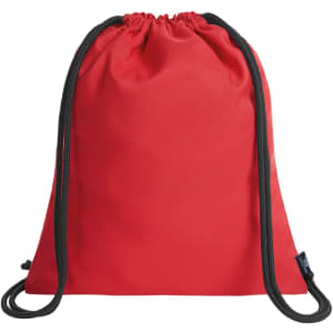 A red drawstring bag with black cord straps and a simple design, featuring a logo.