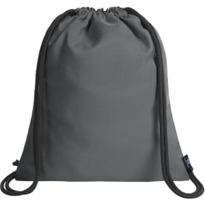 A grey drawstring bag with matching cords and a logo at the bottom.