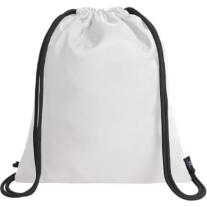 A white drawstring bag with black cords and a logo on one side.