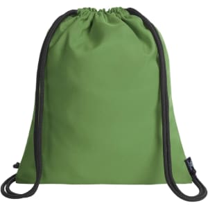 A green drawstring bag with black cords and a logo at the bottom.