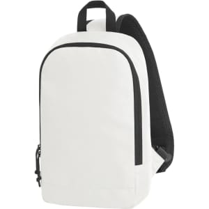 A white backpack with a black mesh strap and side zipper, featuring a simple design and a logo.