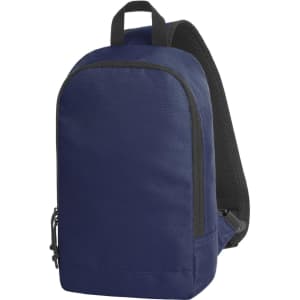 A navy blue backpack with a smooth surface and a black, padded back strap. It features a zippered pocket and a handle.