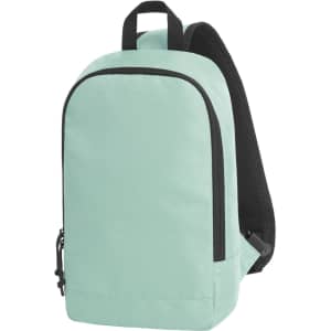A mint green backpack with a sleek design, featuring a black strap and mesh backing. It has a logo on the front.