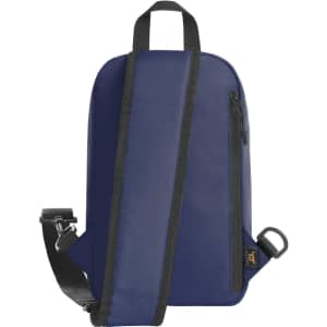A navy blue backpack with a single strap, featuring a zippered compartment and a branding logo.