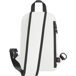 A white backpack with a black strap and zipper, featuring a logo on the side.