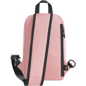 A pink backpack with black straps and a side zip pocket, featuring a branding logo.