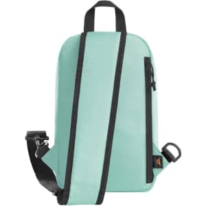 A mint green backpack with a black strap and zippered pockets, featuring a logo on the side.