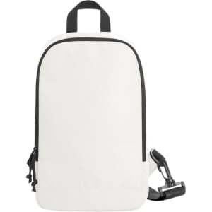 A white backpack with a black zipper and strap, featuring a logo. Suitable for casual or promotional use.