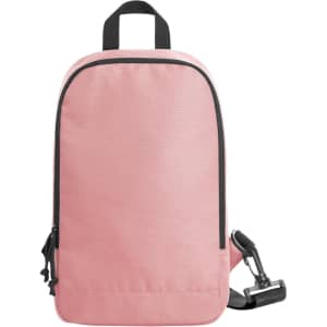 A pink backpack with a sleek design, featuring a black zipper and adjustable strap. It has a carrying handle on top.