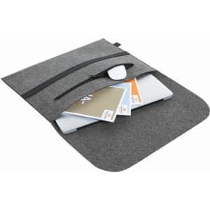 A grey laptop sleeve with a zippered pocket, containing a laptop and several documents, plus a pair of glasses.