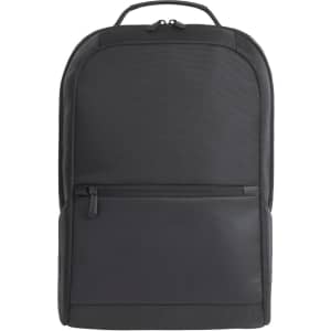 A black laptop backpack with a smooth finish and a front zippered pocket, featuring a logo.