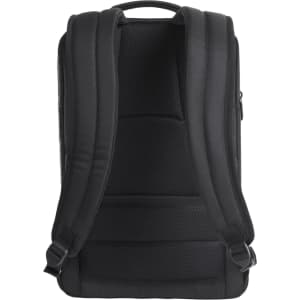 A black laptop backpack with padded shoulder straps and a comfortable back panel. It features a logo on the exterior.