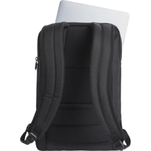 A black laptop backpack with padded shoulder straps and a laptop partially visible inside. It features a logo.