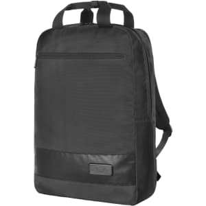 A black laptop backpack with a sleek design, featuring adjustable straps and a front zip pocket.