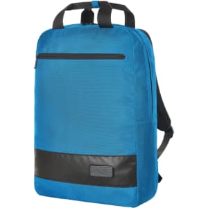 A blue laptop backpack with a black base and a front zip pocket, featuring dual carrying handles and adjustable straps.