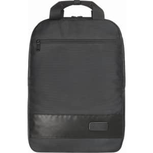 A sleek black laptop backpack featuring a zippered front pocket and a minimalist design, with a logo on the side.