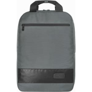 A grey backpack with a black base and zipper pocket, featuring a top handle and a logo.