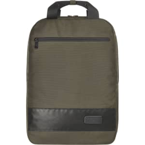 A sleek green laptop backpack with a black bottom panel and a zippered front pocket. It features a branding logo.