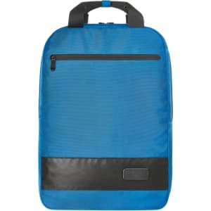 A blue laptop backpack with a black base, featuring a front zip pocket and a sturdy handle.