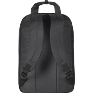 A black laptop backpack featuring padded shoulder straps and a sturdy handle, with a simple, sleek design.