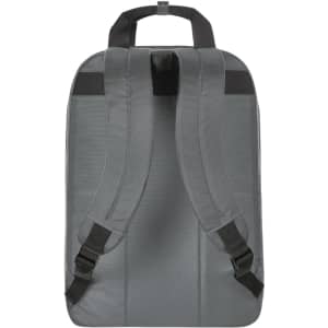 A grey backpack with black straps and a logo on the back, designed for carrying laptops and other essentials.