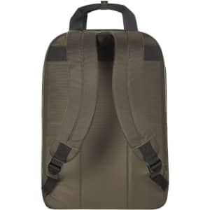 A green laptop backpack featuring adjustable straps and a top handle, designed for comfort and practicality.