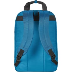 A blue laptop backpack with padded straps and a sleek design, featuring a logo on the fabric.