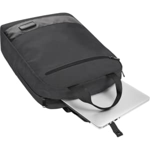 A black laptop backpack with a sleek design, featuring a top handle and a visible laptop compartment.