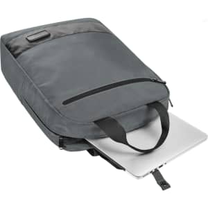 A grey laptop backpack featuring a front zip pocket and a laptop compartment. It has carry handles and a logo.
