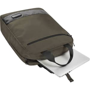 A dark green laptop backpack with a grey panel, featuring a zipped pocket and a laptop partially visible inside.