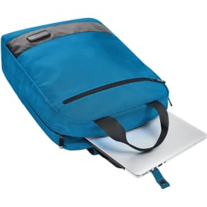 A blue laptop backpack with a zippered compartment and a visible laptop partially inserted. It has a black handle and accents.