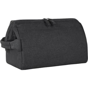 A dark grey toiletry bag with a zip closure and a side handle. It features a simple design and has a logo.