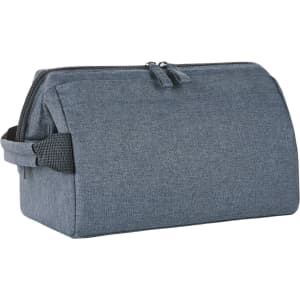 A grey toiletry bag with a rounded shape, featuring a zip closure and a side handle. It has a logo on the front.